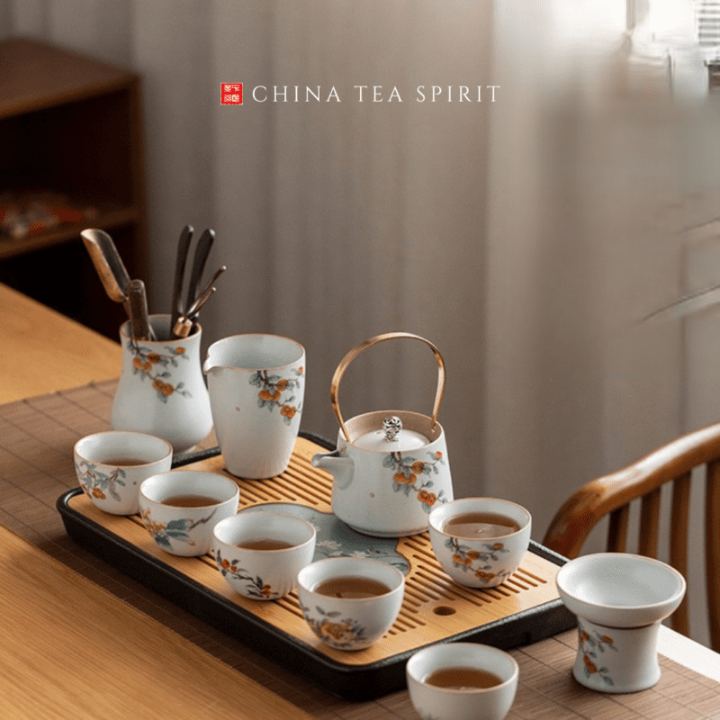 Chinese Tea Set With Tray Elegant Persimmon Painting Ceramic