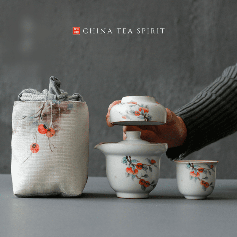 Japanese Ceramic Glazed Travel Tea Set with One Pot and Three Cups -  Hand-Painted Design
