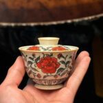 Handmade Vintage Qinghua Ceramic Red Camellia 120ml Gaiwan