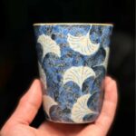 Handmade Ceramic Blue Ginkgo Leaf Green Tea 280ml Tea Cola Coffee Cup